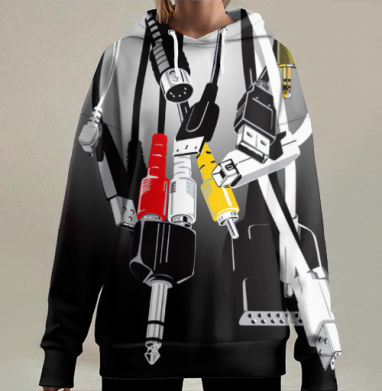 Спутанные электронные кабели и разъемы на темном фоне, Hoodie Long Oversize 3D