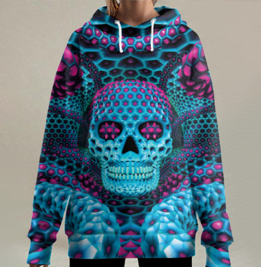 Психоделический череп с гексагональным узором, Hoodie Long Oversize 3D