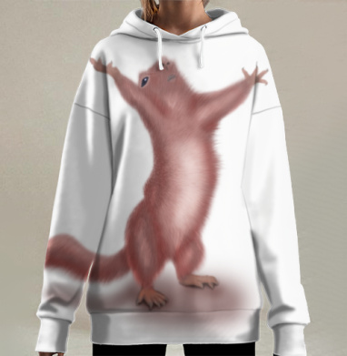 Восторженная розовая белка на сером фоне, Hoodie Long Oversize 3D