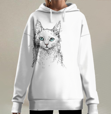 Белый пушистый кот с голубыми глазами на белом фоне, Hoodie Long Oversize 3D