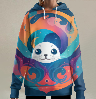 Улыбающийся тюлень в абстрактных волнах плывёт сквозь водоворот света, Hoodie Long Oversize 3D