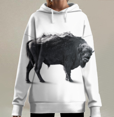 Бизон с зимними горами на спине символ природы и силы, Hoodie Long Oversize 3D