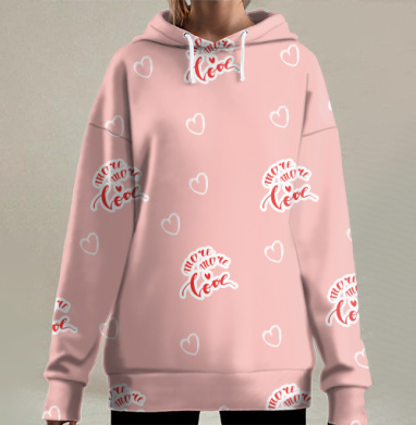 Розовый узор с надписью любви и сердечками бесшовный узор, Hoodie Long Oversize 3D