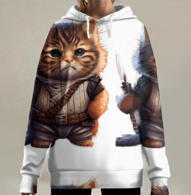 Котенок Воин с Мечом детская фантазия стиль, Hoodie Long Oversize 3D