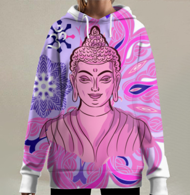 Спокойная статуя Будды в розовой мандале для медитации, Hoodie Long Oversize 3D