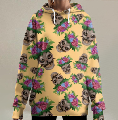 Череп с пионами и зелеными листьями желтый фон, Hoodie Long Oversize 3D