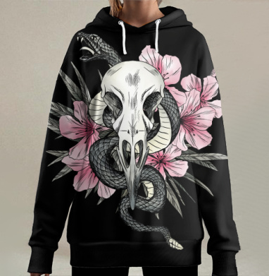 Череп ворона и змея на фоне олеандра, Hoodie Long Oversize 3D