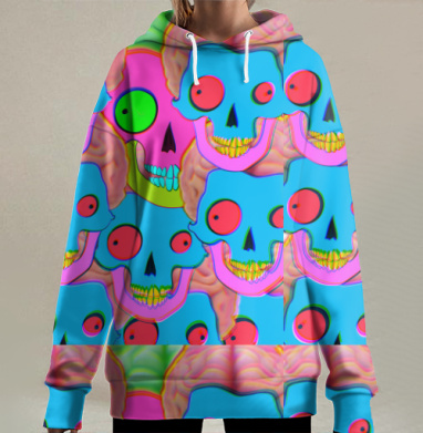 Яркая голубая серия черепов с зеленым выделяющимся черепом, Hoodie Long Oversize 3D