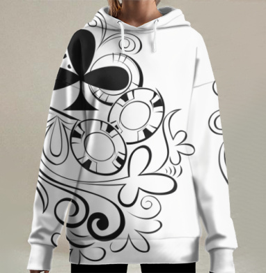 Стильный черный орнамент с картами и завитками, Hoodie Long Oversize 3D