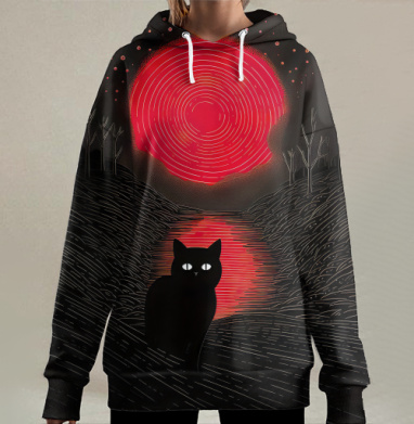Черный кот на фоне красной луны с отражением красной луны, Hoodie Long Oversize 3D