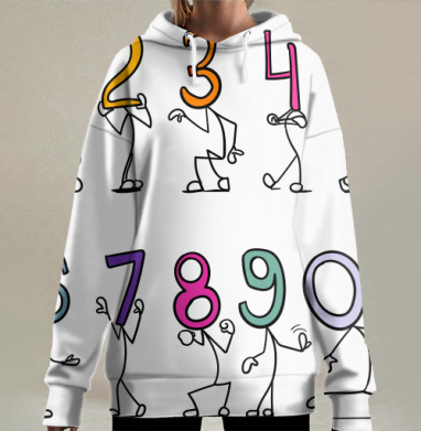Веселые живые цифры в ярких цветах шагают и позируют, Hoodie Long Oversize 3D