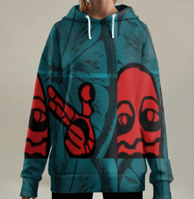 Красный персонаж с жестом мира на синем фоне, Hoodie Long Oversize 3D
