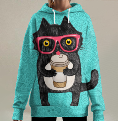Coffee-cat, Hoodie Long Oversize 3D