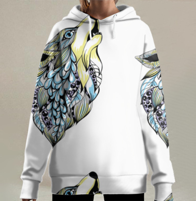 Стилизованный воющий волк черный желтый голубой, Hoodie Long Oversize 3D