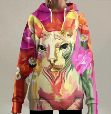 Яркий Портрет Сфинкса с Цветами, Картина, Hoodie Long Oversize 3D