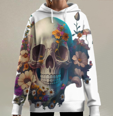 Череп с цветами символ жизни смерти на фоне, Hoodie Long Oversize 3D