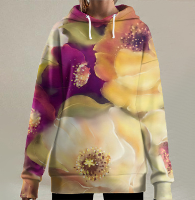 Пленительная картина цветущего сада в стиле батик, Hoodie Long Oversize 3D