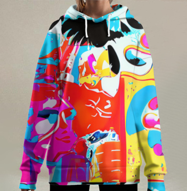 Яркое абстрактное смешение красного синего желтого, Hoodie Long Oversize 3D