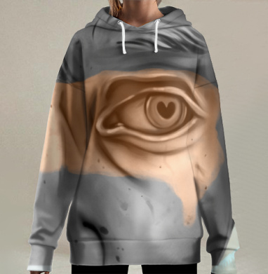 Крупный портрет с сердцем в глазу глазами, Hoodie Long Oversize 3D