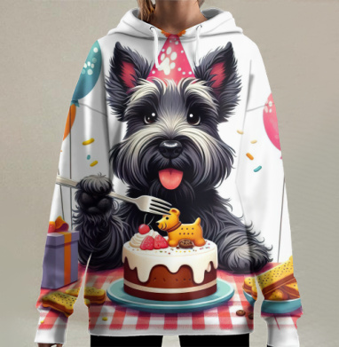 Маленький черный терьер отмечает первый юбилей Birthday Dog Party, Hoodie Long Oversize 3D