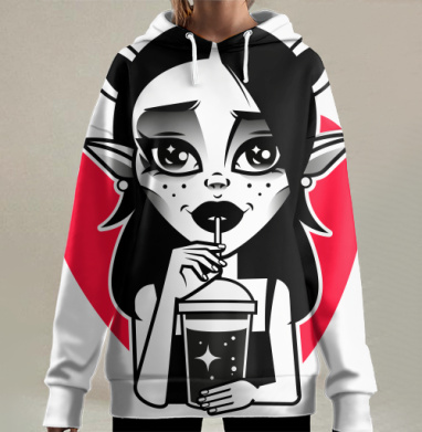 Gothic Elf / Девушка эльф пьет коктейль на фоне яркого алого сердца, Hoodie Long Oversize 3D