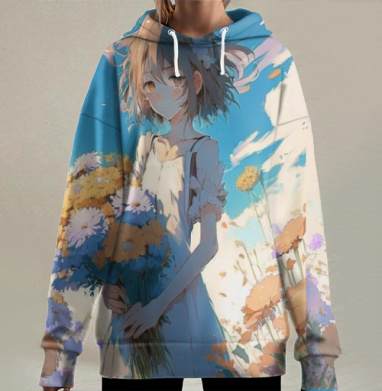 Девушка с букетом цветов на поле голубое небо, Hoodie Long Oversize 3D