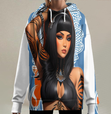 Девушка с тату и этническим узором на теле, Hoodie Long Oversize 3D