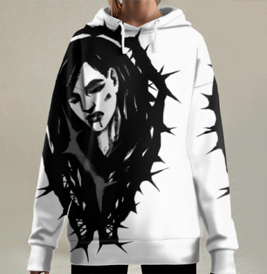Черно белая эмотивная женщина с шипами страдания, Hoodie Long Oversize 3D