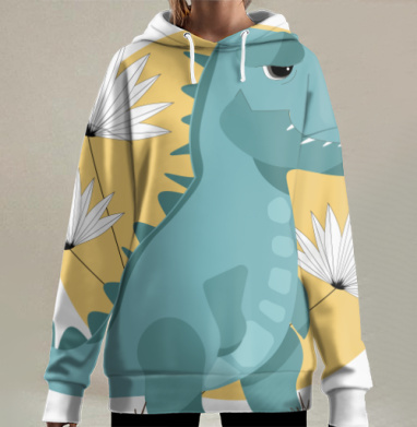Динозавр рекс голубой на фоне солнца и цветов, Hoodie Long Oversize 3D