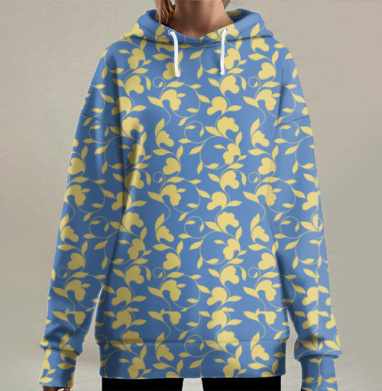 Желтое листва синем фоне флористический узор, Hoodie Long Oversize 3D