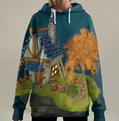 Уютный дом с оранжевым деревом на зелёном участке земли, Hoodie Long Oversize 3D