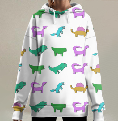 Яркие детские динозавры на сером фоне, Hoodie Long Oversize 3D