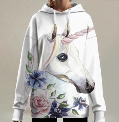 Нежный единорог с цветочной гривой, Hoodie Long Oversize 3D