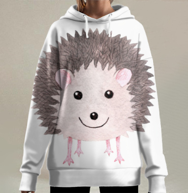 Милый улыбающийся ежик в акварели в пастельных тонах, Hoodie Long Oversize 3D