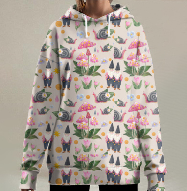 Акварельный паттерн с гномами и лесными мотивами, Hoodie Long Oversize 3D