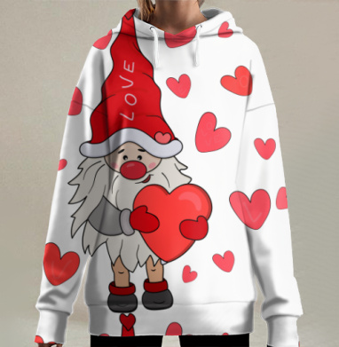Веселый гном с сердцем подарок влюбленных, Hoodie Long Oversize 3D