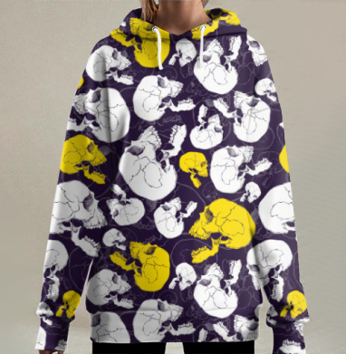 Узор из черепов в жёлто-белых тонах, Hoodie Long Oversize 3D