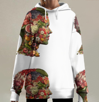 Голова из фруктов и овощей с красным зелёным и жёлтым эффектом, Hoodie Long Oversize 3D