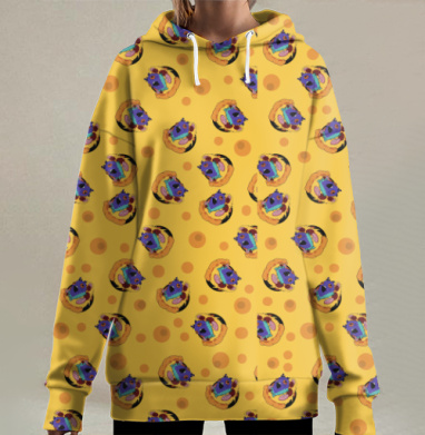 Веселая пицца с голубем в оранжево желтом фоне, Hoodie Long Oversize 3D