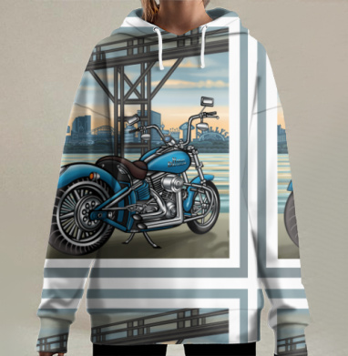 Мотоцикл голубой город мост реки, Hoodie Long Oversize 3D