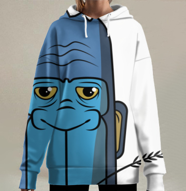 Голубая голова гориллы с травинкой во рту, Hoodie Long Oversize 3D