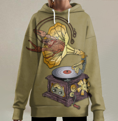 Сюрреалистичный граммофон с раком в стимпанк стиле, Hoodie Long Oversize 3D