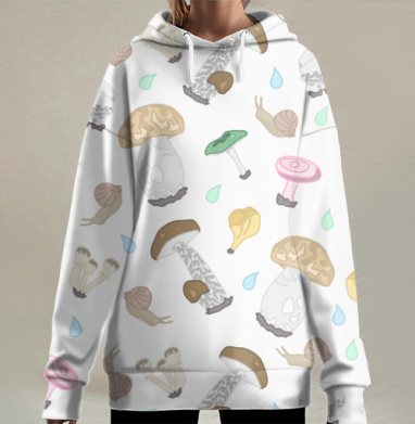 Разнообразные грибы с улитками на сером фоне, Hoodie Long Oversize 3D