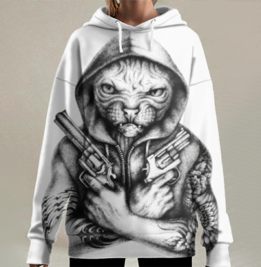 Опасный татуированный антропоморфный вооруженный кот сфинкс бандит, Hoodie Long Oversize 3D