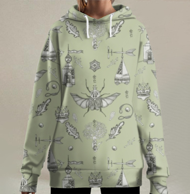 Мистический узор с жуком и китайскими иероглифами, Hoodie Long Oversize 3D