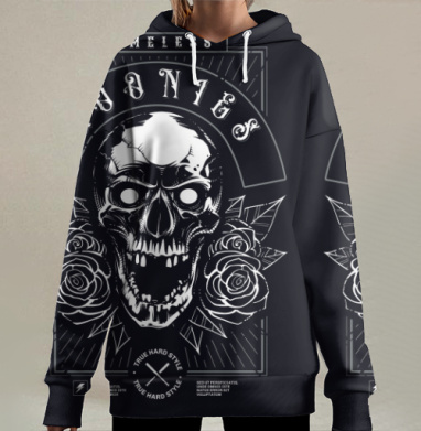 Череп с розами и надписями в готическом стиле на черном фоне, Hoodie Long Oversize 3D