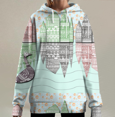 Сюрреалистическая графическая иллюстрация с птицей и отражениями, Hoodie Long Oversize 3D