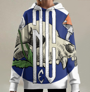 Череп грибы одуванчик синий фон Но, Hoodie Long Oversize 3D
