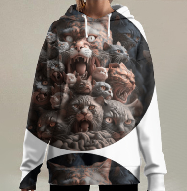 Эпическая композиция голов кошек в мрачном стиле, Hoodie Long Oversize 3D