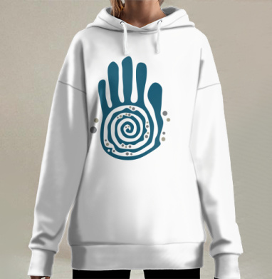 Бирюзовая ладонь с спиралью и точками символ жизни, Hoodie Long Oversize 3D